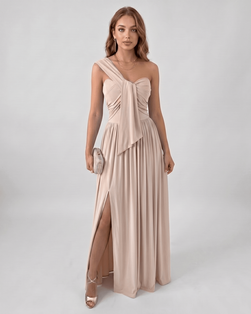 Serelune Maxi Dress by Lauven — beige stretch satin sleeveless one-shoulder A-line maxi dress