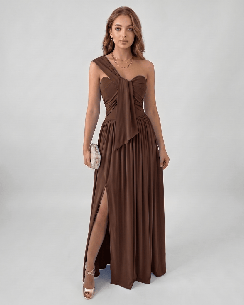 Serelune Maxi Dress by Lauven — brown stretch satin sleeveless one-shoulder A-line maxi dress