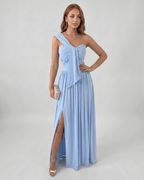 Serelune Maxi Dress by Lauven — stretch satin sleeveless one-shoulder A-line maxi dress