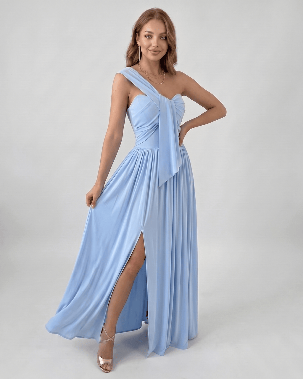 Serelune Maxi Dress by Lauven — stretch satin sleeveless one-shoulder A-line maxi dress