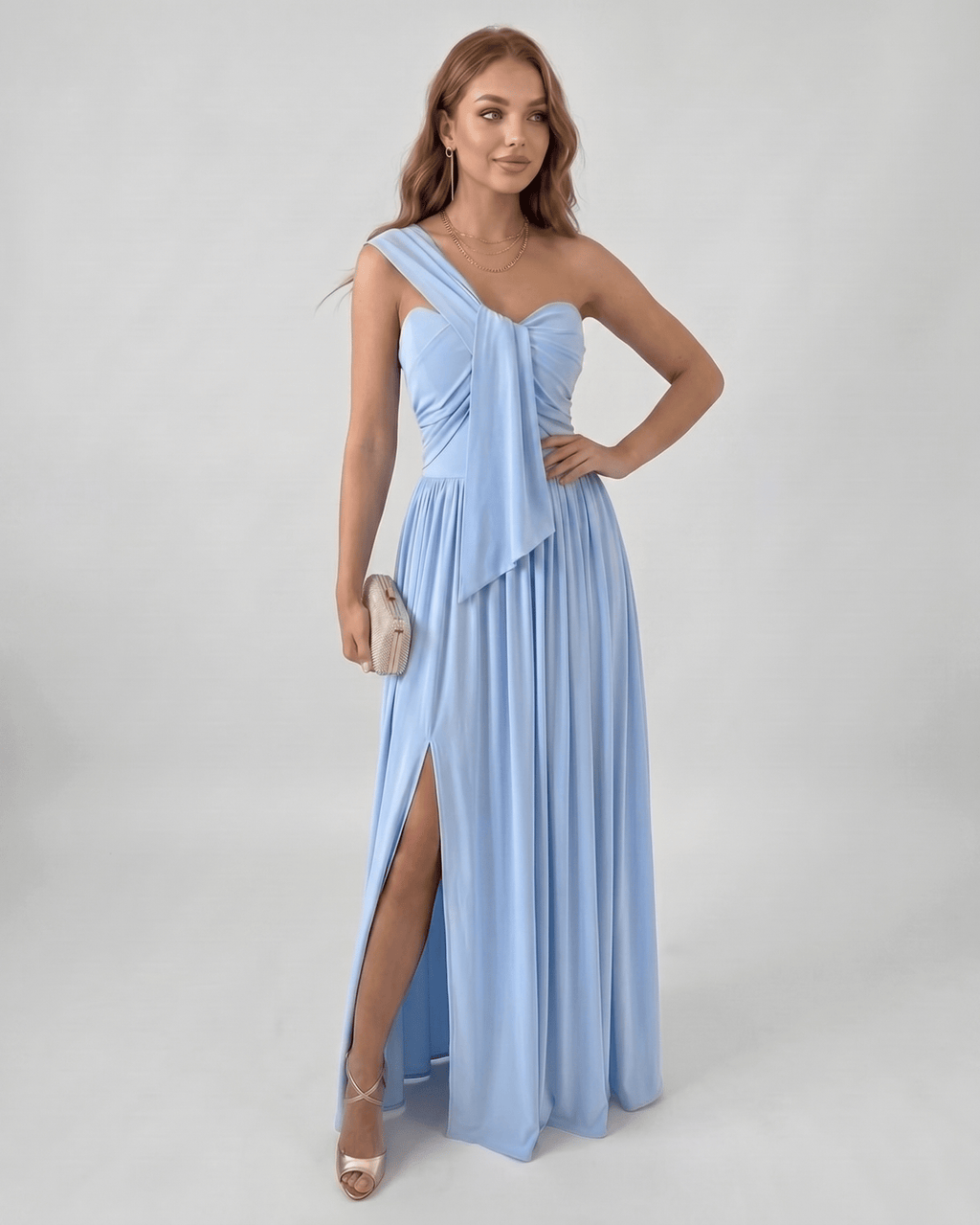 Serelune Maxi Dress by Lauven — stretch satin sleeveless one-shoulder A-line maxi dress