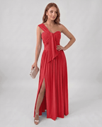 Serelune Maxi Dress by Lauven — stretch satin sleeveless one-shoulder A-line maxi dress
