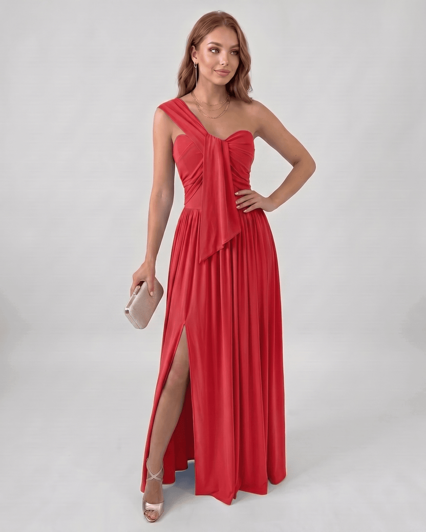 Serelune Maxi Dress by Lauven — stretch satin sleeveless one-shoulder A-line maxi dress