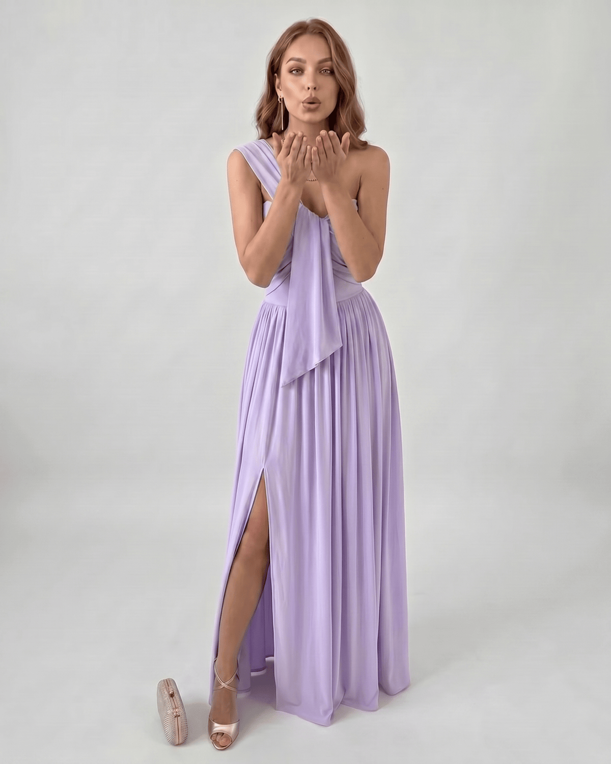 Serelune Maxi Dress by Lauven — stretch satin sleeveless one-shoulder A-line maxi dress