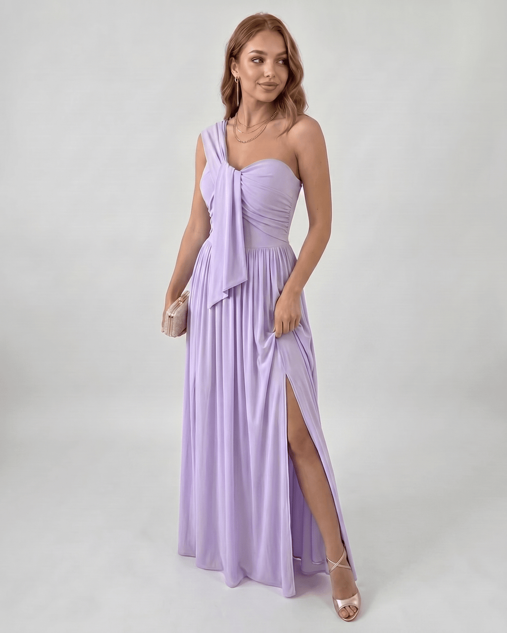 Serelune Maxi Dress by Lauven — stretch satin sleeveless one-shoulder A-line maxi dress