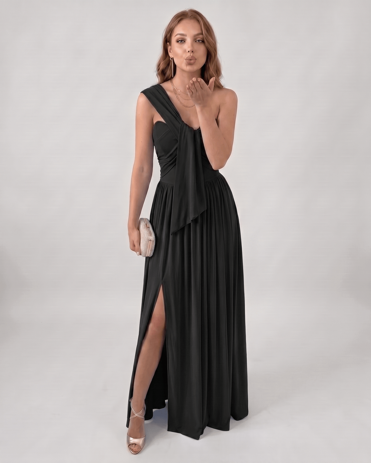 Serelune Maxi Dress by Lauven — stretch satin sleeveless one-shoulder A-line maxi dress