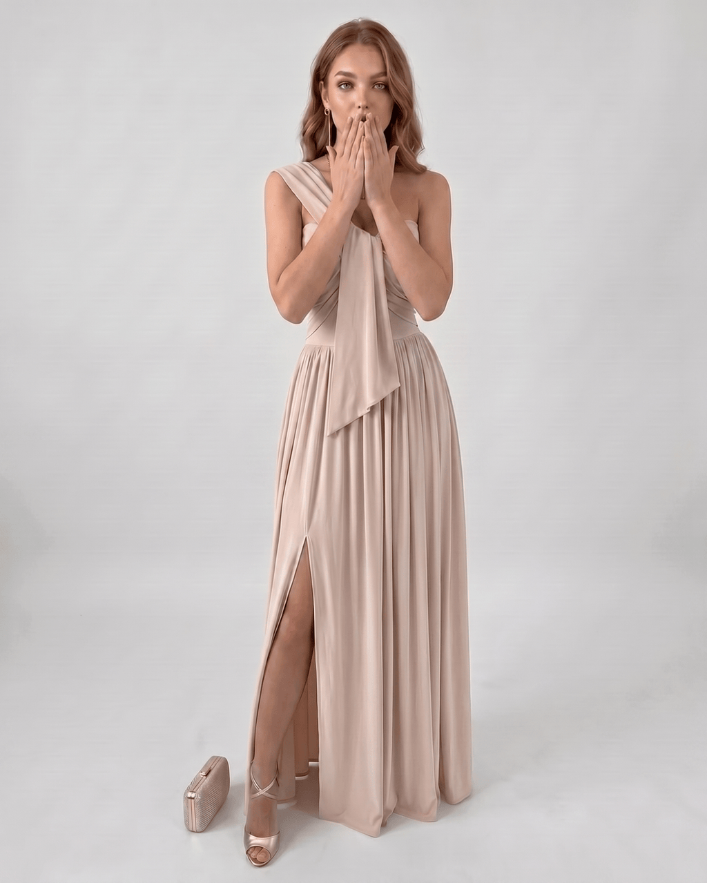 Serelune Maxi Dress by Lauven — stretch satin sleeveless one-shoulder A-line maxi dress