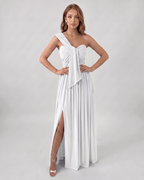 Serelune Maxi Dress by Lauven — stretch satin sleeveless one-shoulder A-line maxi dress