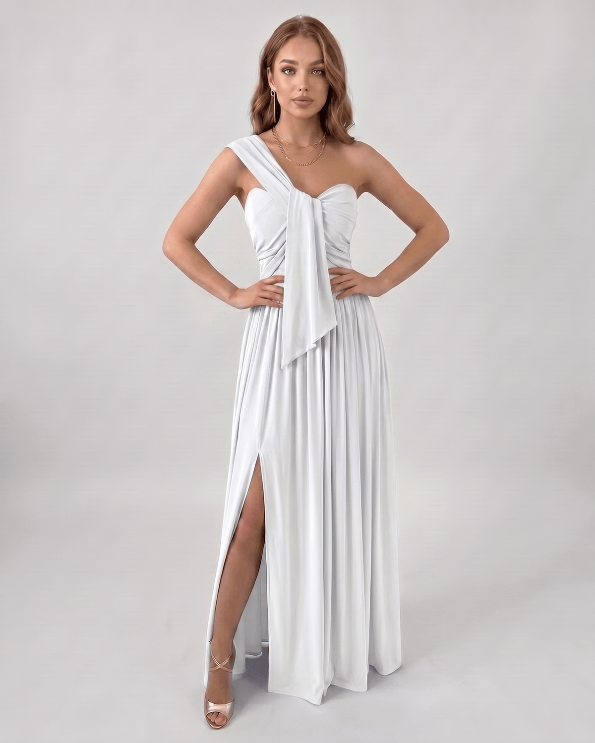 Serelune Maxi Dress by Lauven — stretch satin sleeveless one-shoulder A-line maxi dress