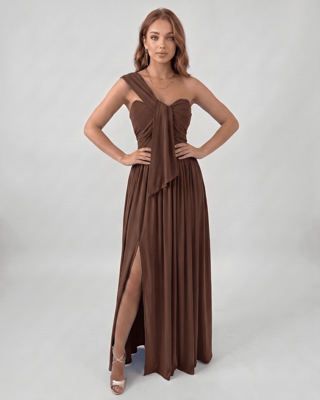 Serelune Maxi Dress by Lauven — stretch satin sleeveless one-shoulder A-line maxi dress