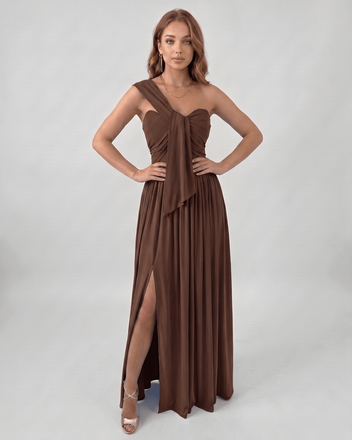 Serelune Maxi Dress by Lauven — stretch satin sleeveless one-shoulder A-line maxi dress
