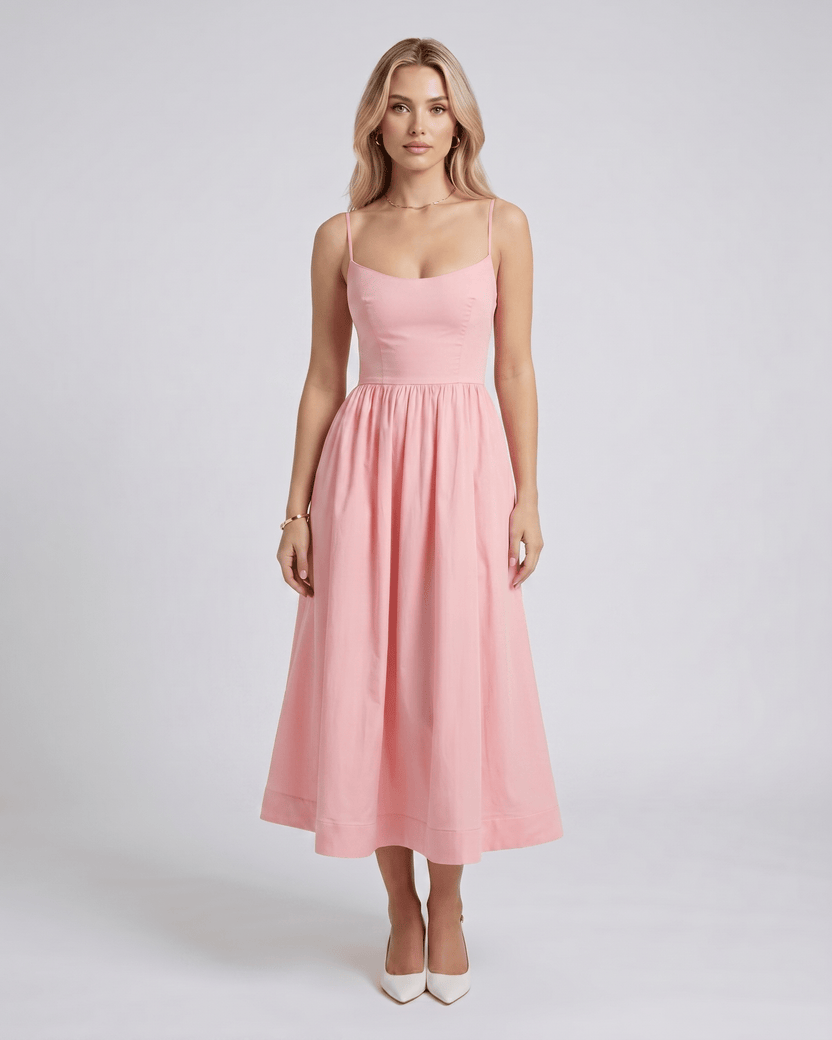 Solenne Midi Dress by Lauven — pink cotton blend sleeveless U-neck A-line midi dress