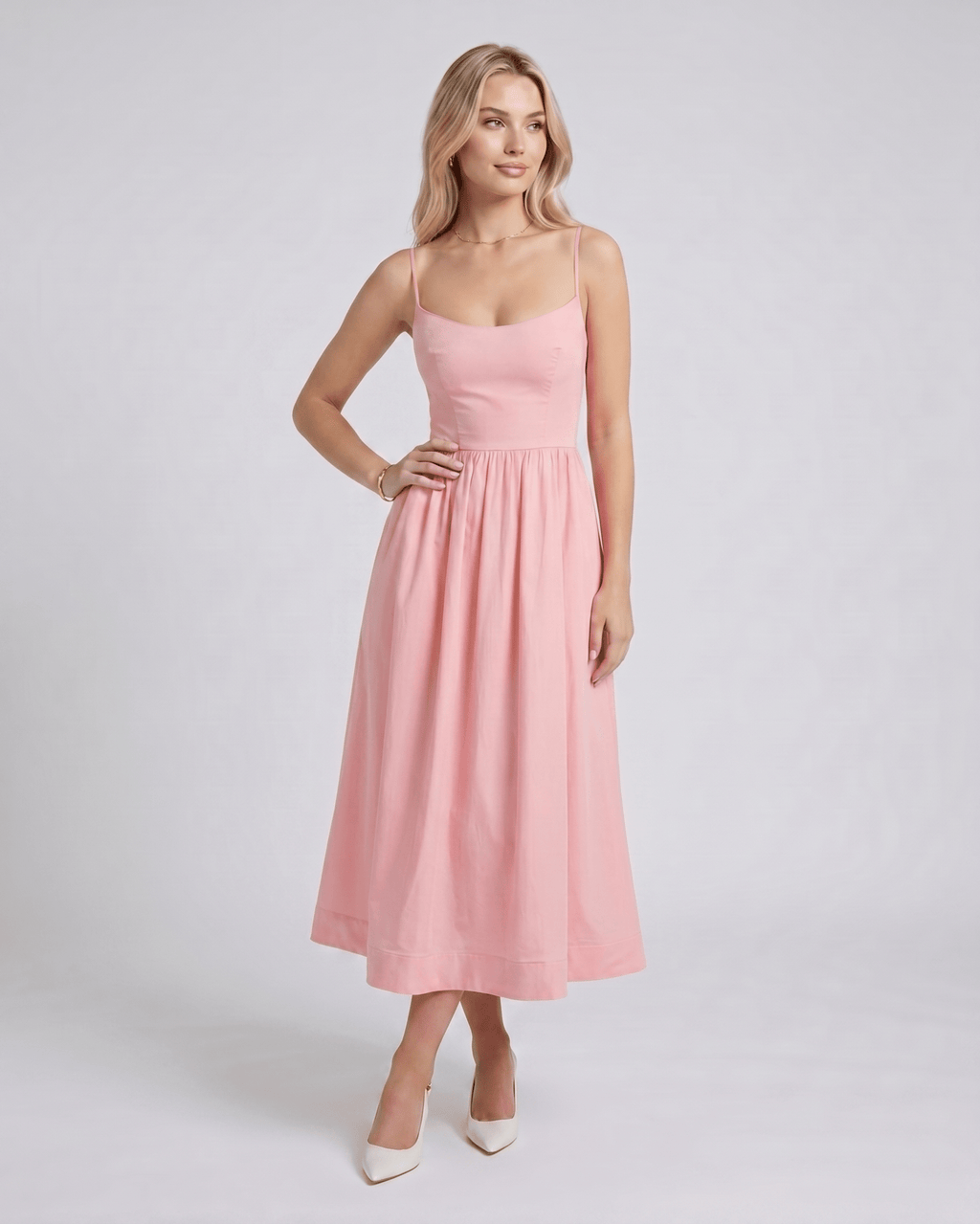 Solenne Midi Dress by Lauven — cotton blend sleeveless U-neck A-line midi dress
