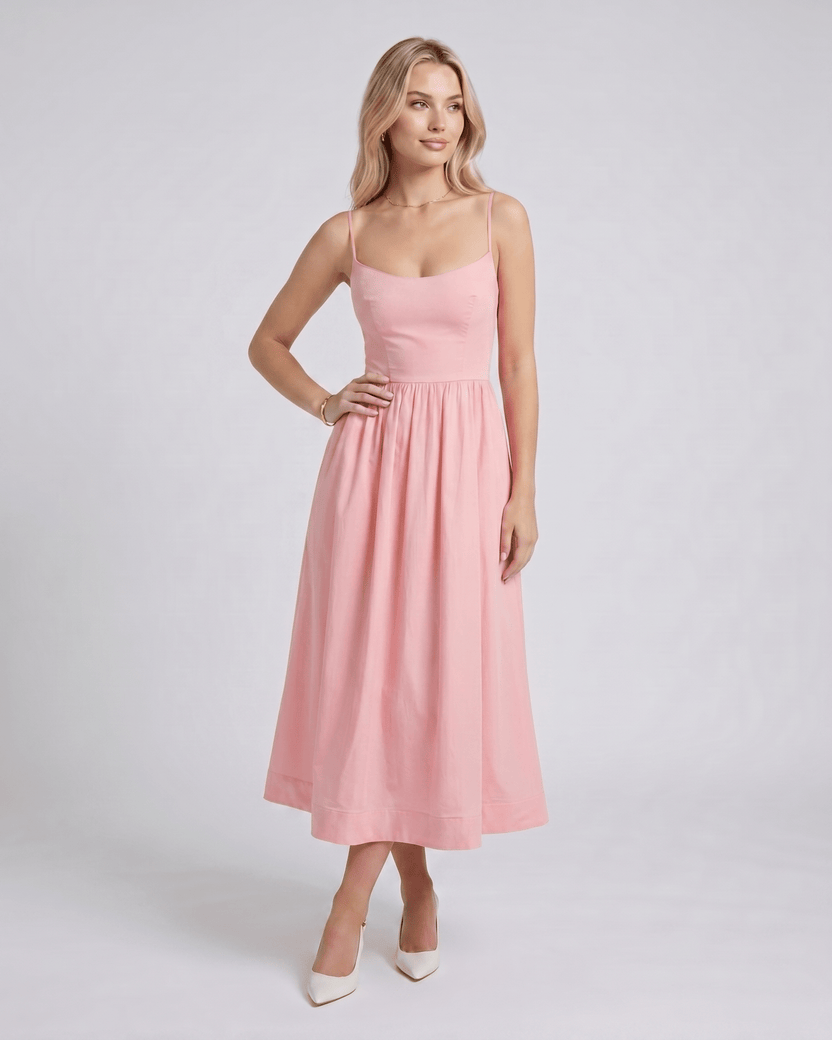 Solene Midi Dress by Lauven — smooth woven sleeveless scoop neck A-line midi dress