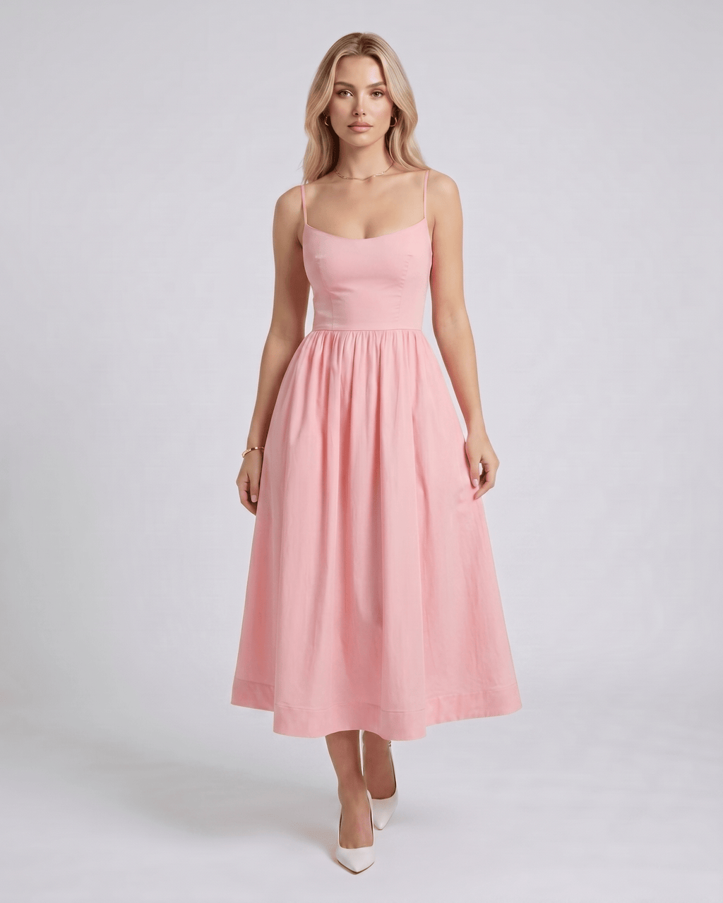 Solene Midi Dress by Lauven — smooth woven sleeveless scoop neck A-line midi dress