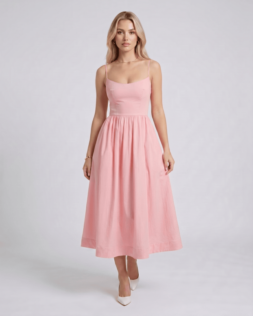 Solene Midi Dress by Lauven — smooth woven sleeveless scoop neck A-line midi dress