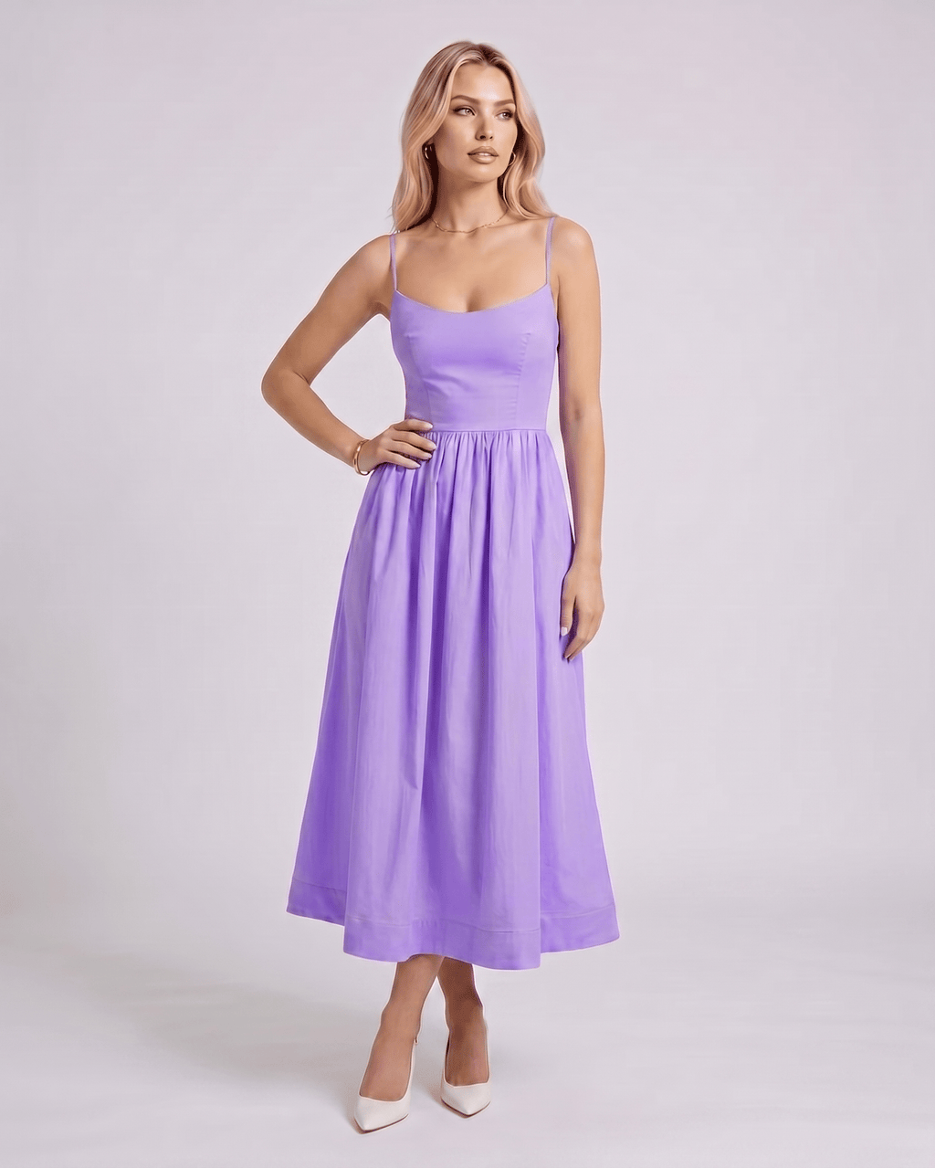 Solenne Midi Dress by Lauven — cotton blend sleeveless U-neck A-line midi dress