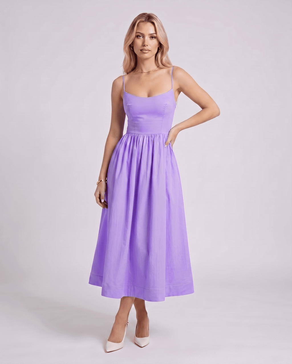 Solenne Midi Dress by Lauven — cotton blend sleeveless U-neck A-line midi dress