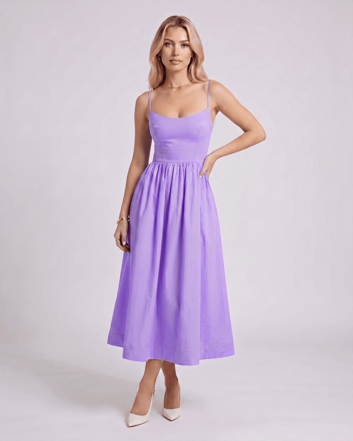 Solenne Midi Dress by Lauven — cotton blend sleeveless U-neck A-line midi dress