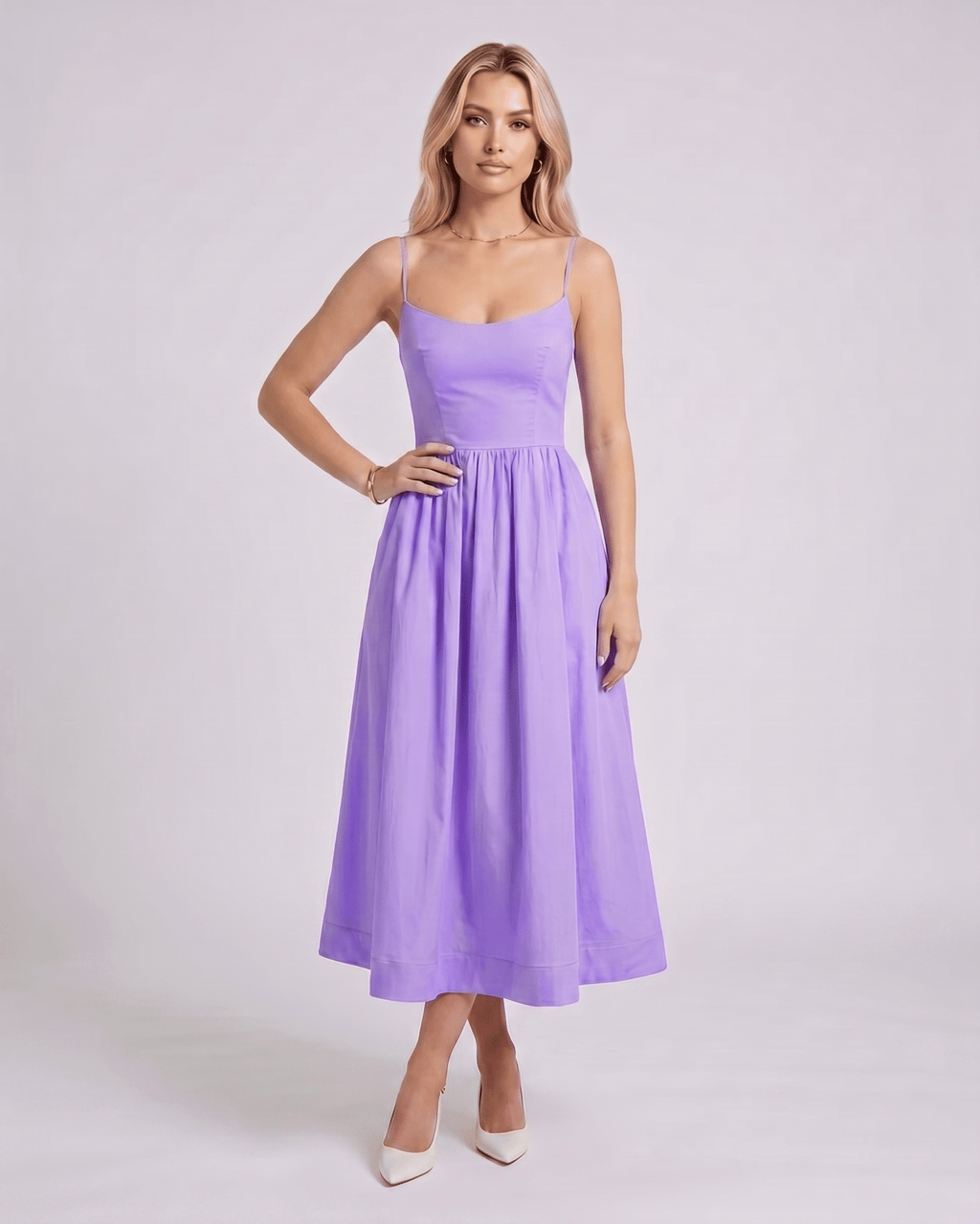 Solenne Midi Dress by Lauven — cotton blend sleeveless U-neck A-line midi dress