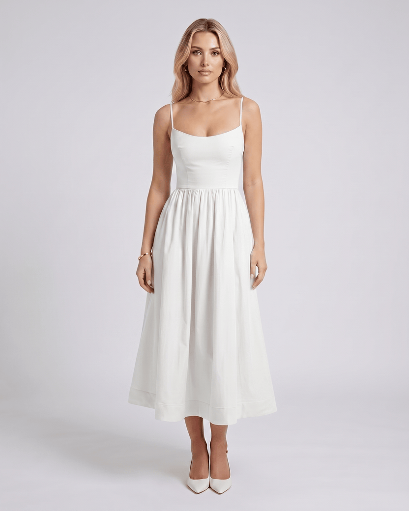 Solenne Midi Dress by Lauven — white cotton blend sleeveless U-neck A-line midi dress