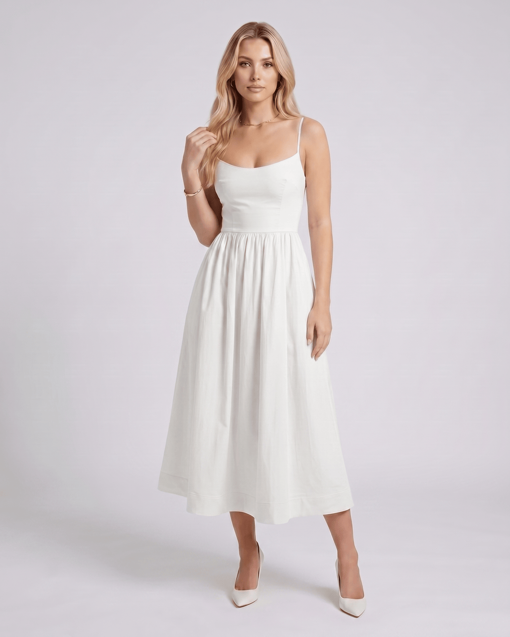 Solenne Midi Dress by Lauven — cotton blend sleeveless U-neck A-line midi dress