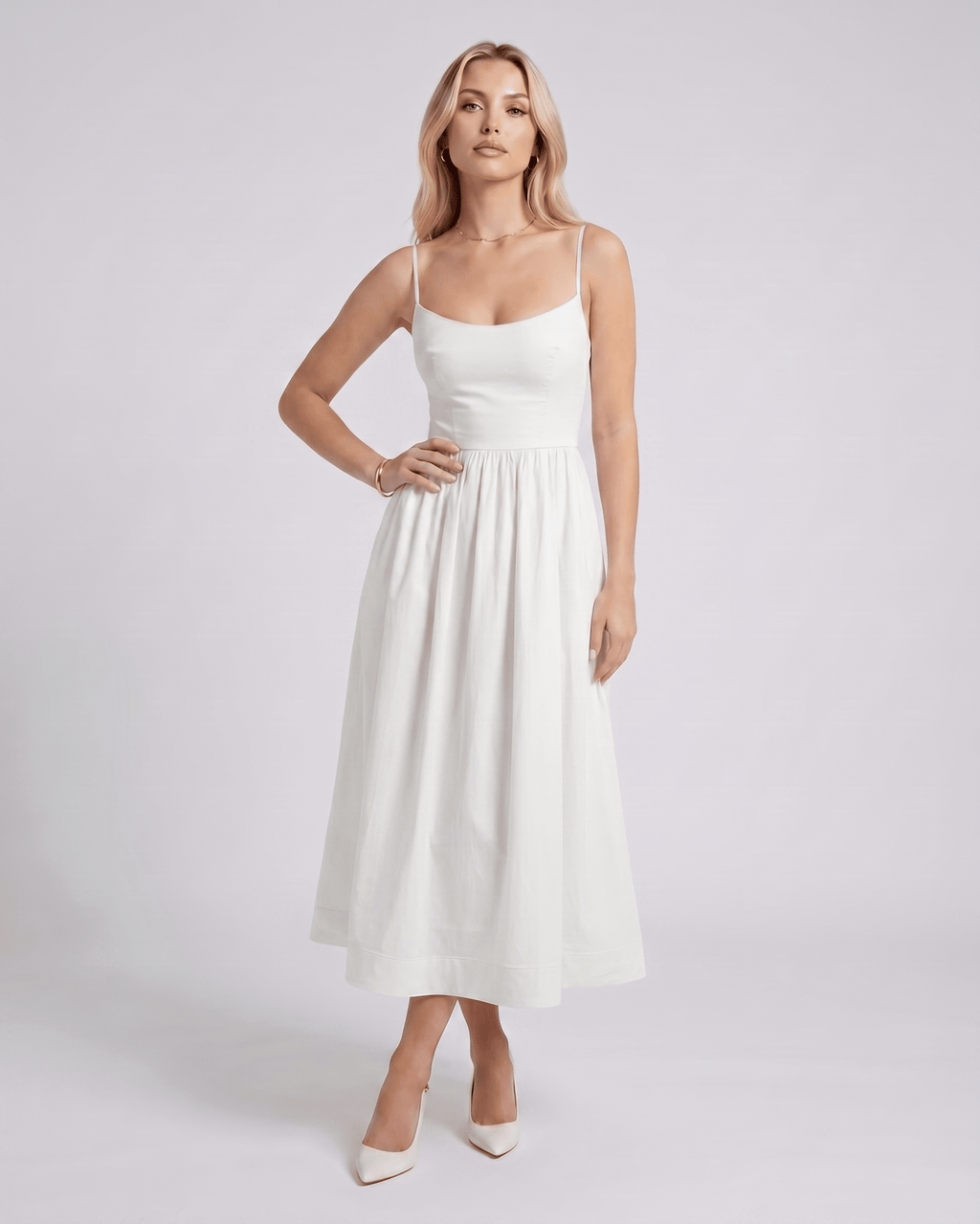 Solenne Midi Dress by Lauven — cotton blend sleeveless U-neck A-line midi dress