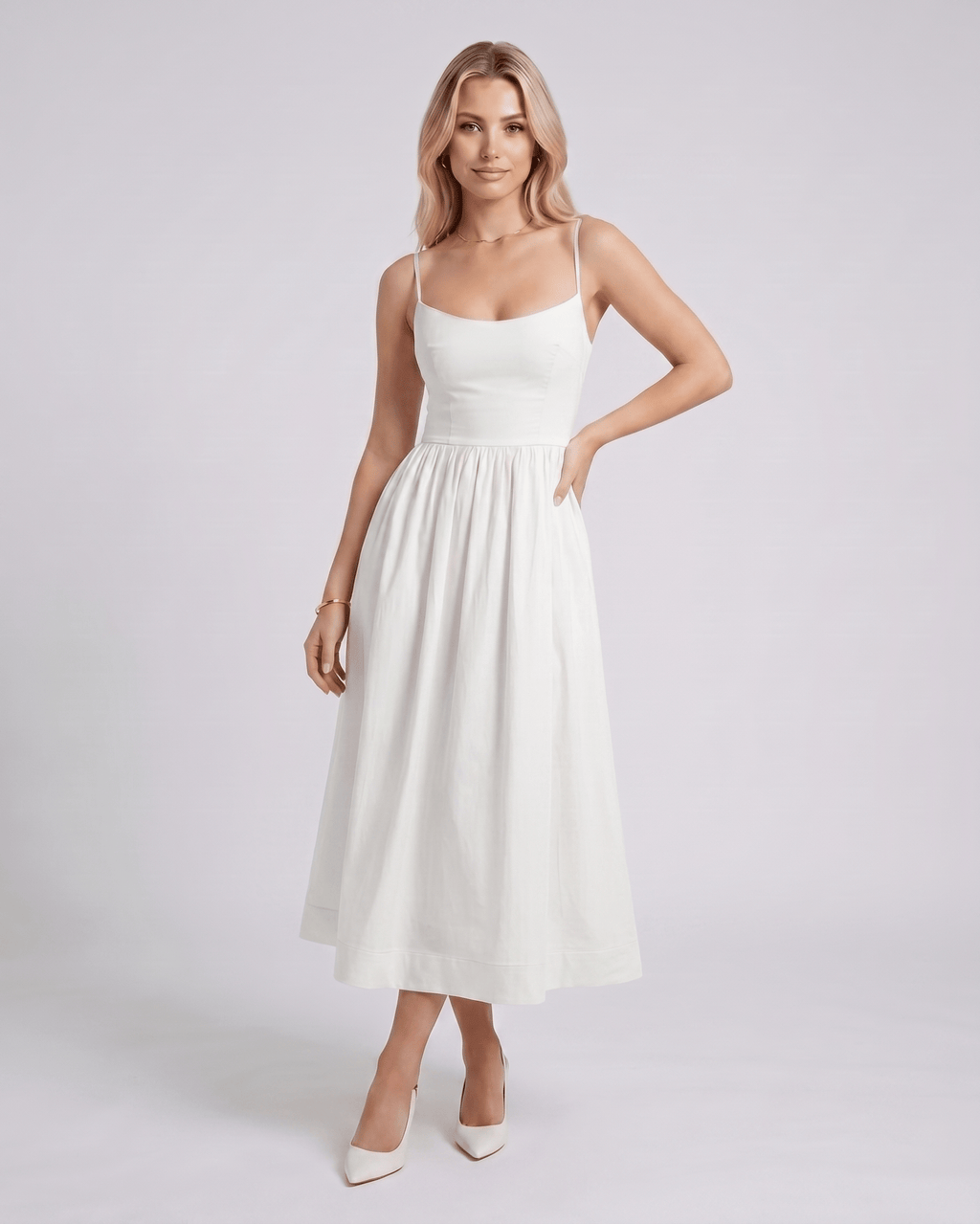 Solene Midi Dress by Lauven — smooth woven sleeveless scoop neck A-line midi dress