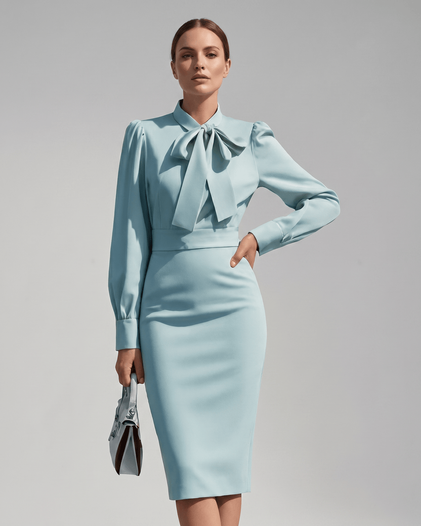 Celestine Midi Dress by Lauven — blue satin blend long sleeve bow neck pencil midi dress