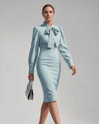 Celestine Midi Dress by Lauven — satin blend long sleeve bow neck pencil midi dress