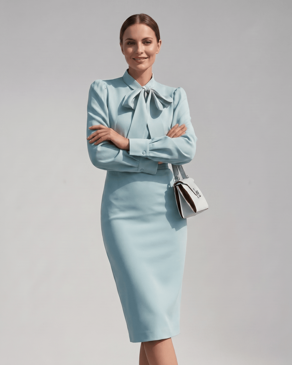 Celestine Midi Dress by Lauven — satin blend long sleeve bow neck pencil midi dress