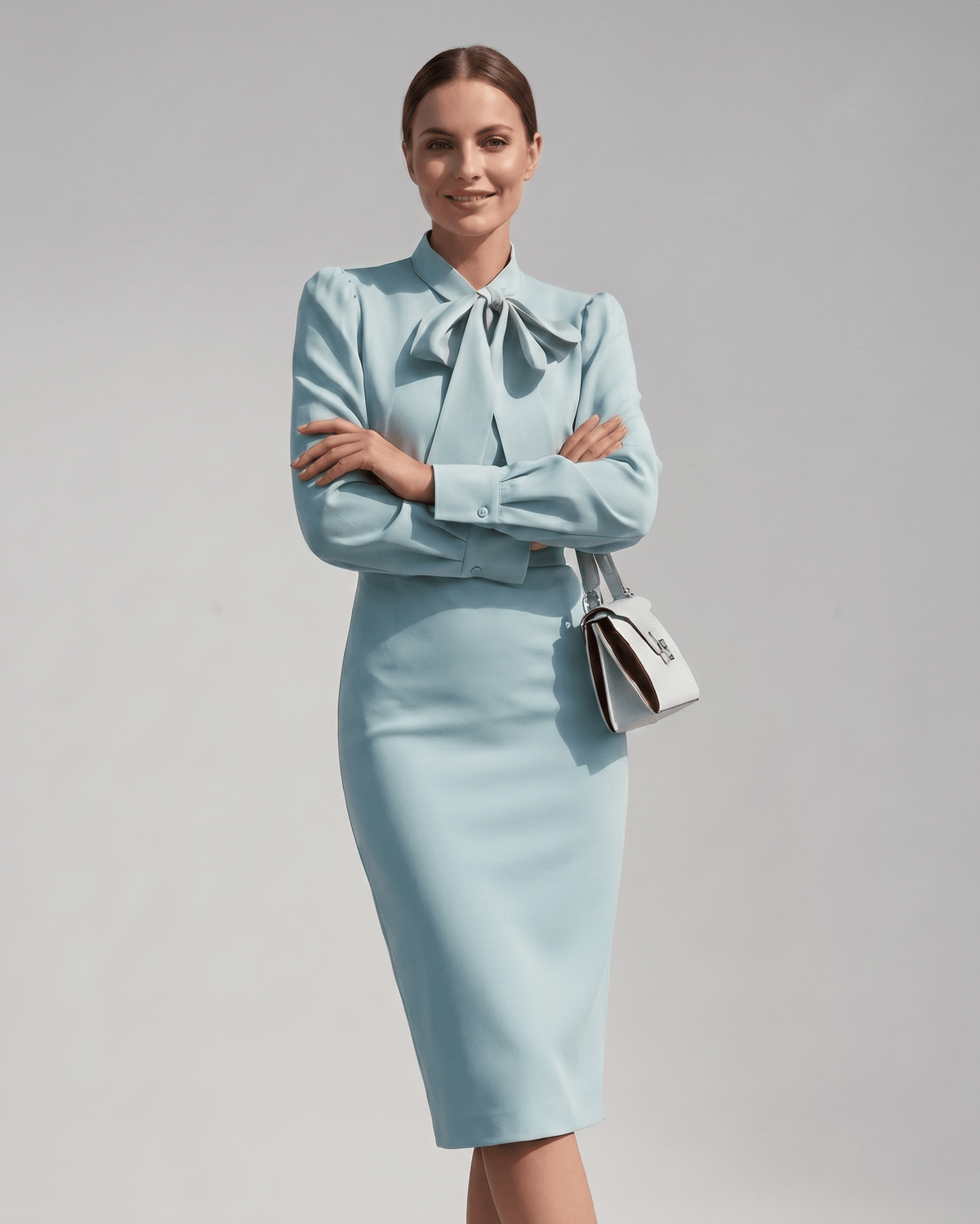 Celestine Midi Dress by Lauven — satin blend long sleeve bow neck pencil midi dress