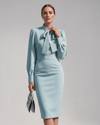 Celestine Midi Dress by Lauven — satin blend long sleeve bow neck pencil midi dress