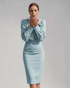 Celestine Midi Dress by Lauven — satin blend long sleeve bow neck pencil midi dress