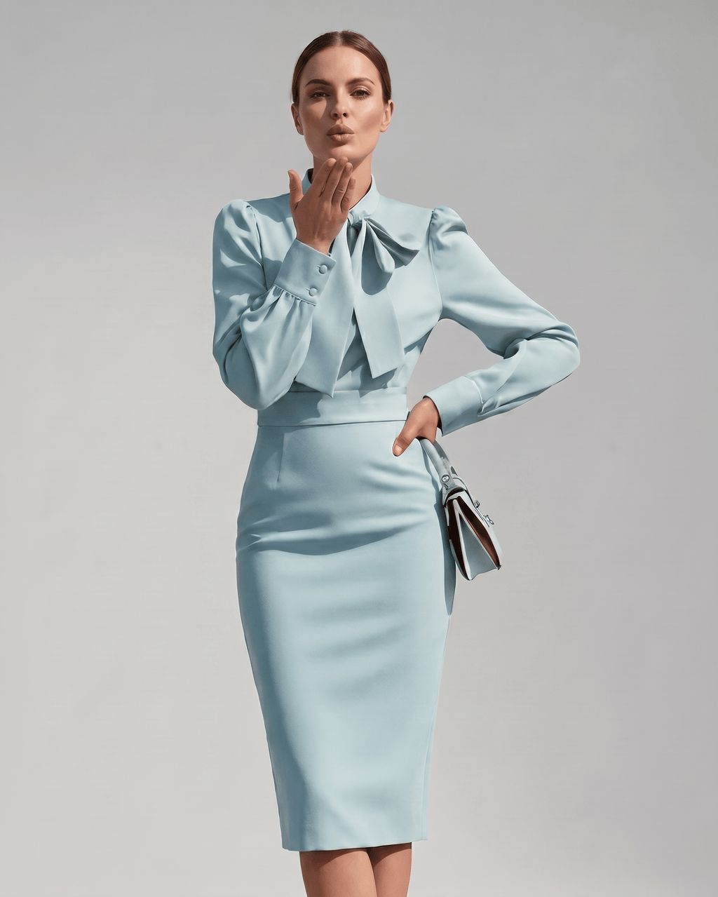 Celestine Midi Dress by Lauven — satin blend long sleeve bow neck pencil midi dress