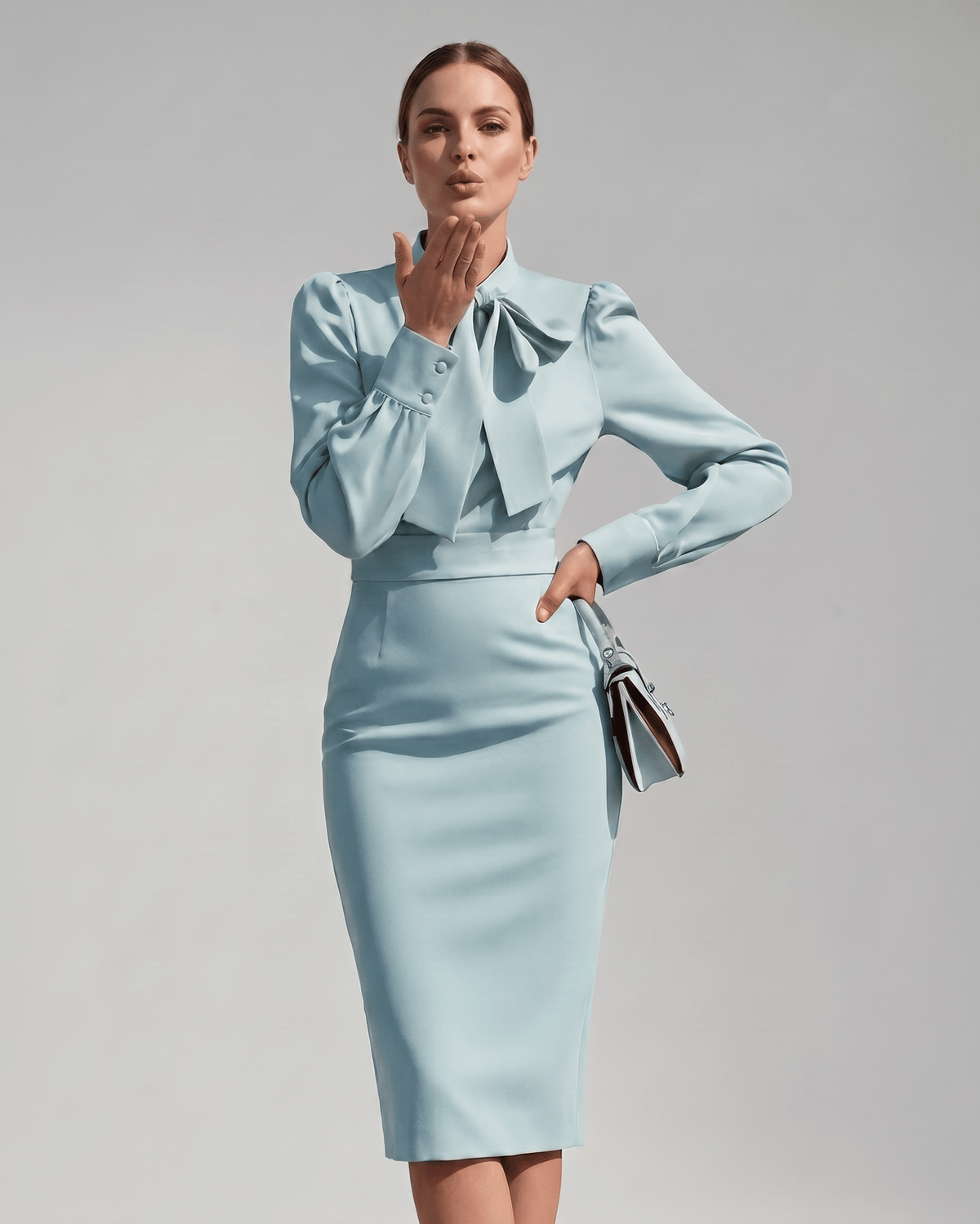Celestine Midi Dress by Lauven — satin blend long sleeve bow neck pencil midi dress