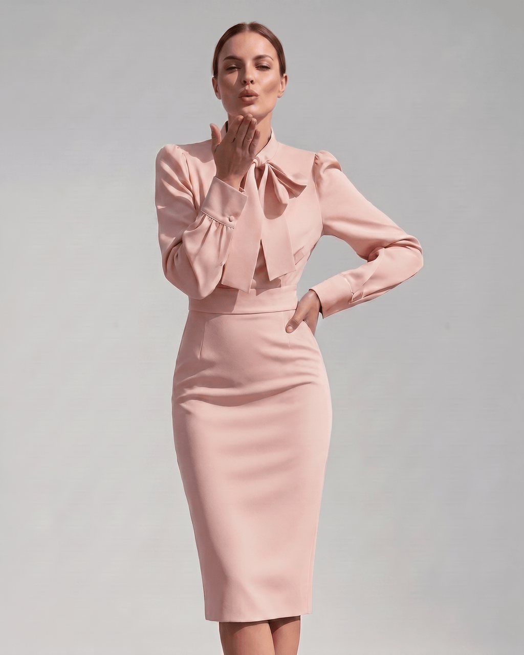 Celestine Midi Dress by Lauven — satin blend long sleeve bow neck pencil midi dress