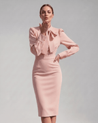 Celestine Midi Dress by Lauven — satin blend long sleeve bow neck pencil midi dress