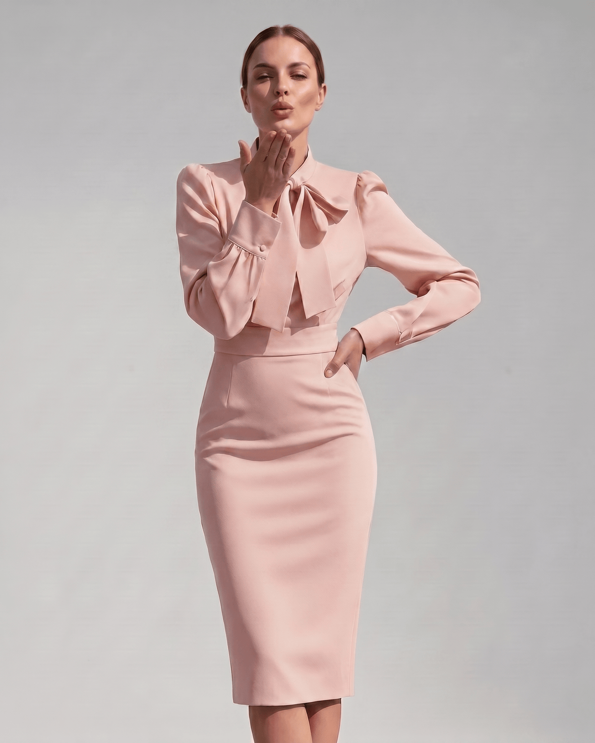 Celestine Midi Dress by Lauven — satin blend long sleeve bow neck pencil midi dress