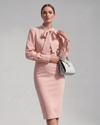 Celestine Midi Dress by Lauven — satin blend long sleeve bow neck pencil midi dress