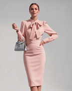 Celestine Midi Dress by Lauven — satin blend long sleeve bow neck pencil midi dress