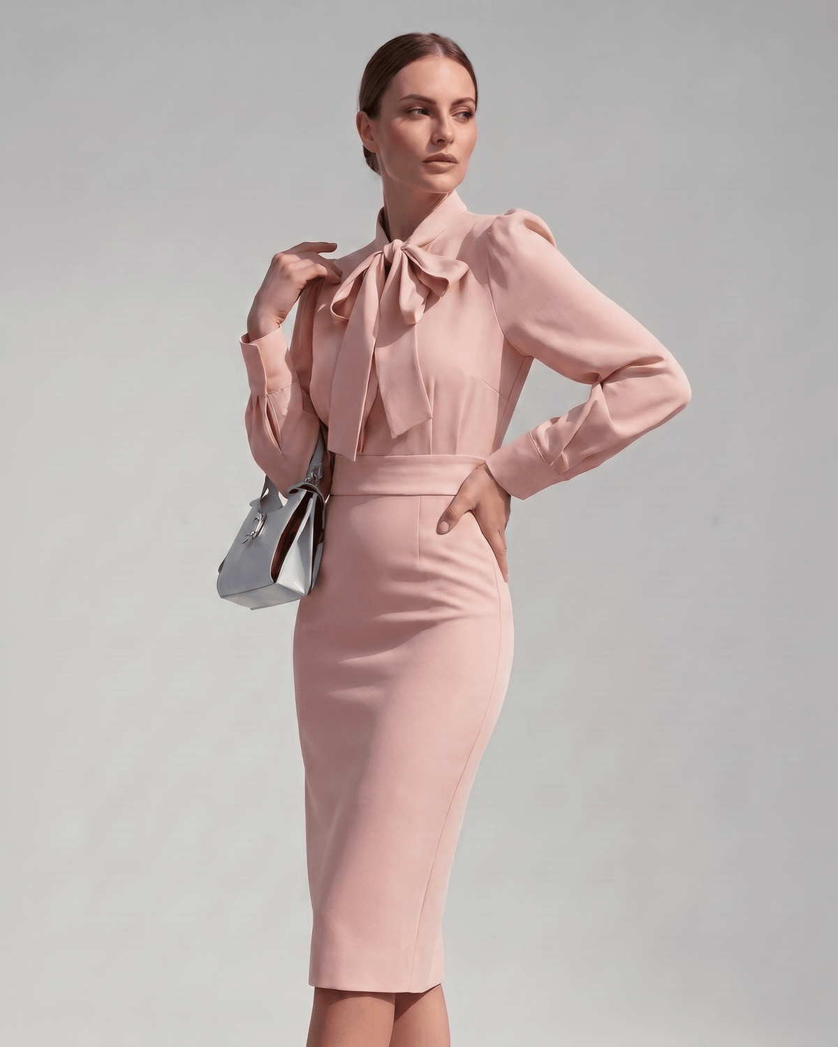 Celestine Midi Dress by Lauven — satin blend long sleeve bow neck pencil midi dress