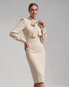 Celestine Midi Dress by Lauven — satin blend long sleeve bow neck pencil midi dress