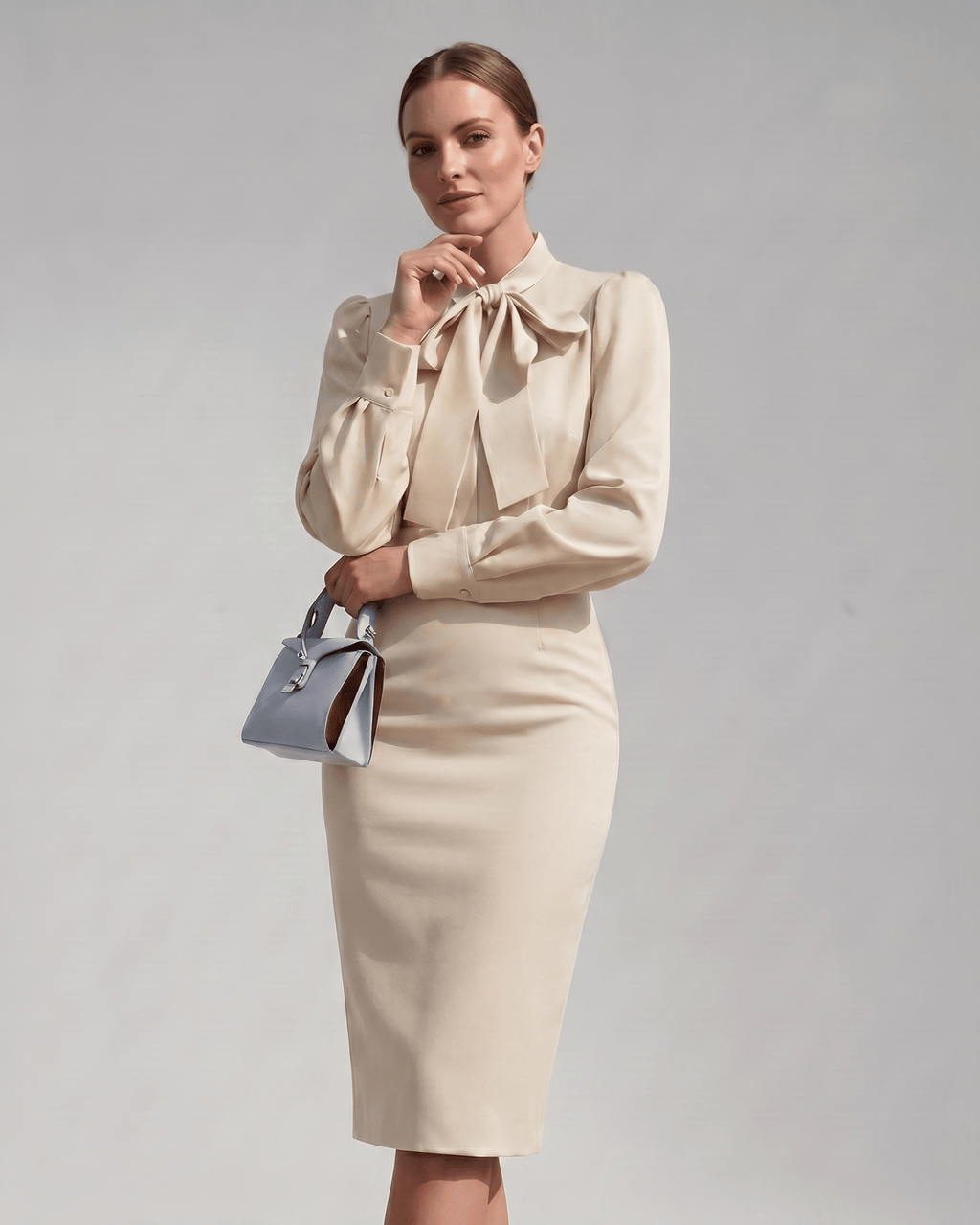 Celestine Midi Dress by Lauven — satin blend long sleeve bow neck pencil midi dress