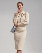 Celestine Midi Dress by Lauven — satin blend long sleeve bow neck pencil midi dress