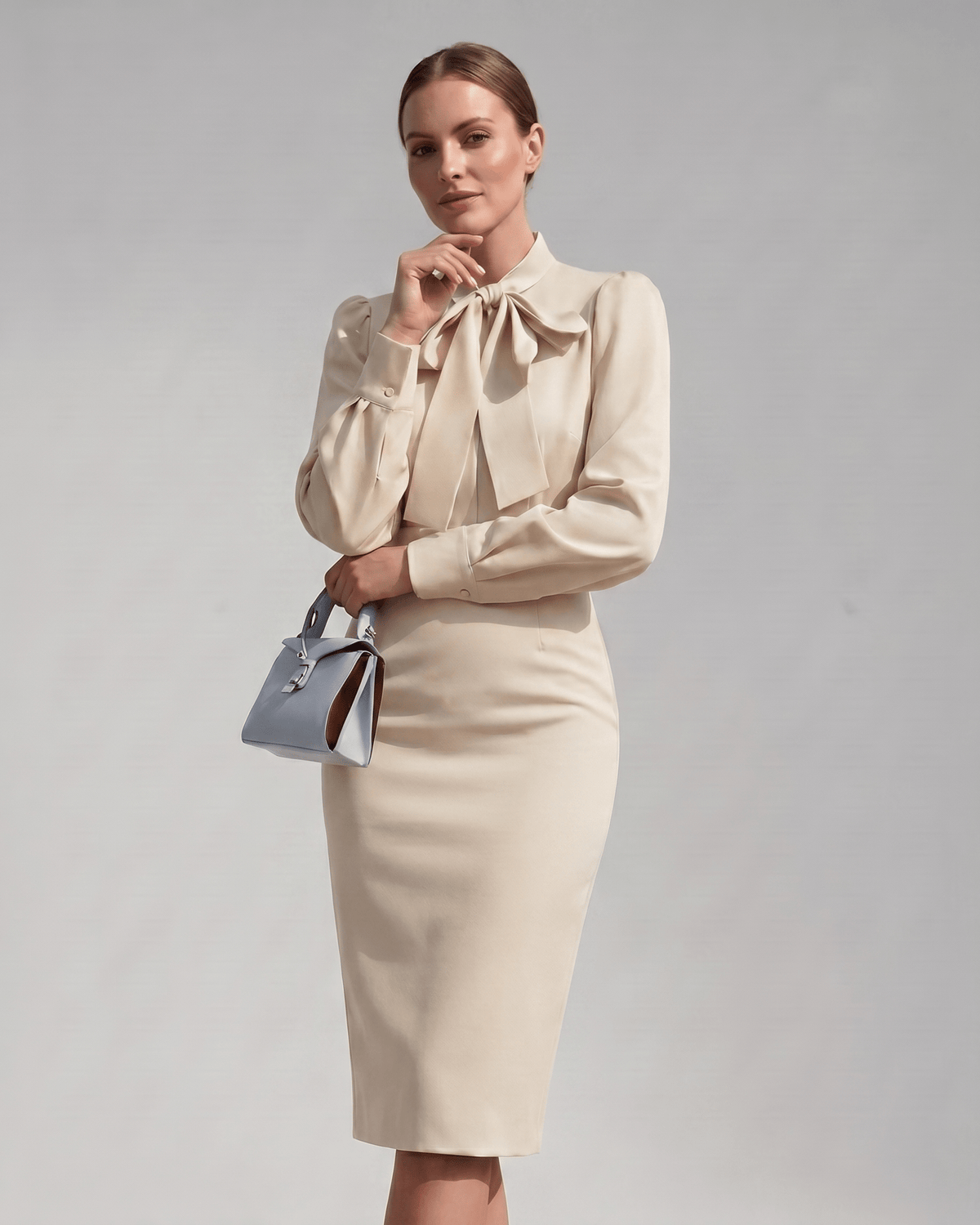 Celestine Midi Dress by Lauven — satin blend long sleeve bow neck pencil midi dress