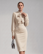 Celestine Midi Dress by Lauven — satin blend long sleeve bow neck pencil midi dress