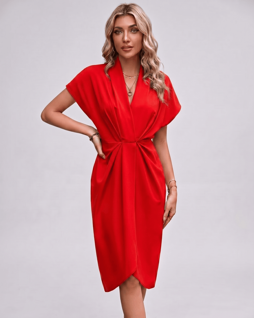 Veloura Midi Dress by Lauven — red satin cap sleeve V-neck draped midi dress