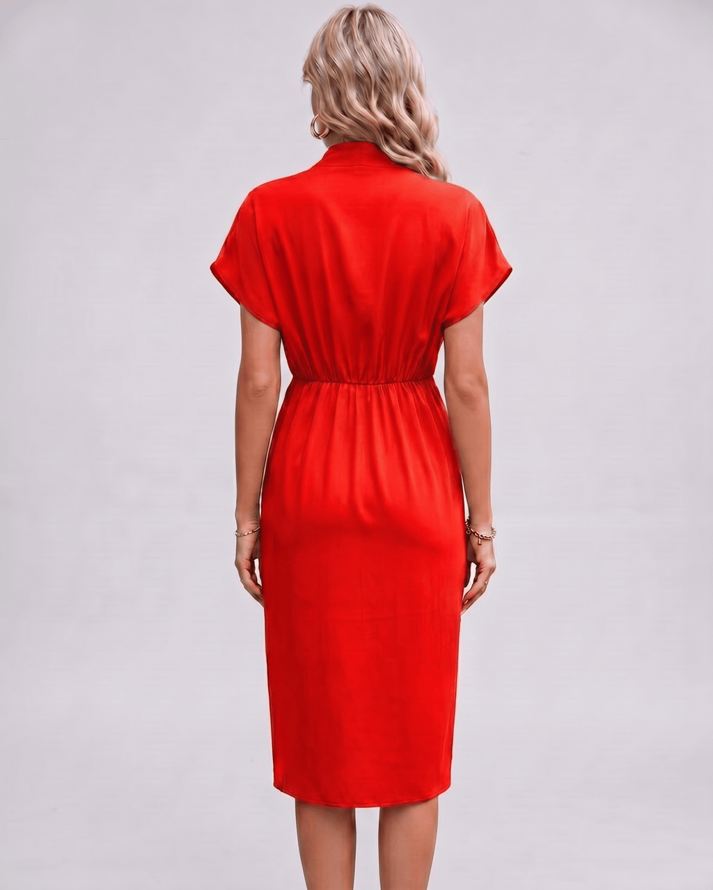 Veloura Midi Dress by Lauven — satin cap sleeve V-neck draped midi dress