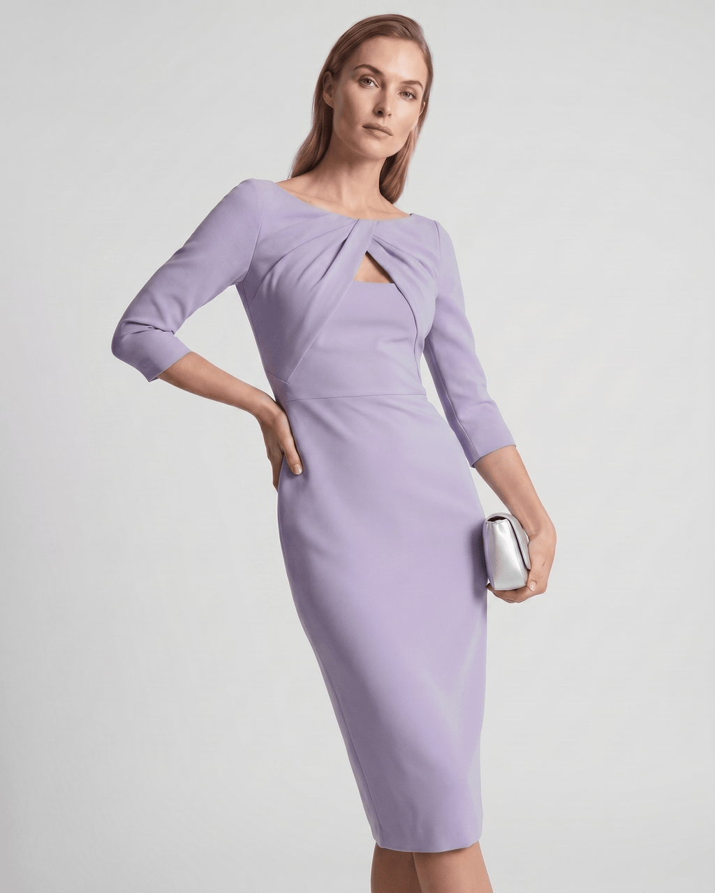 Aureline Midi Dress by Lauven — stretch crepe 7-point sleeve o-neck pencil midi dress